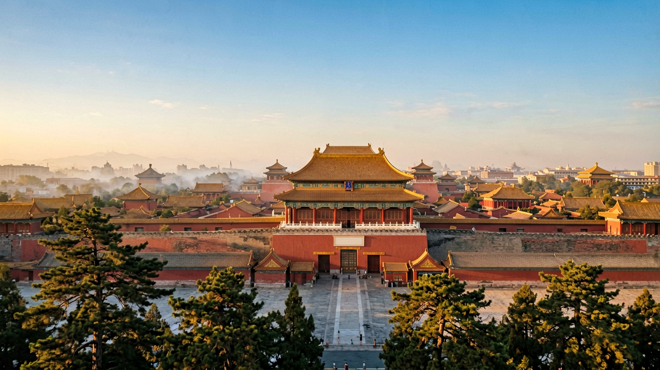Forbidden City Beijing with red palace walls and golden rooftops at golden hour